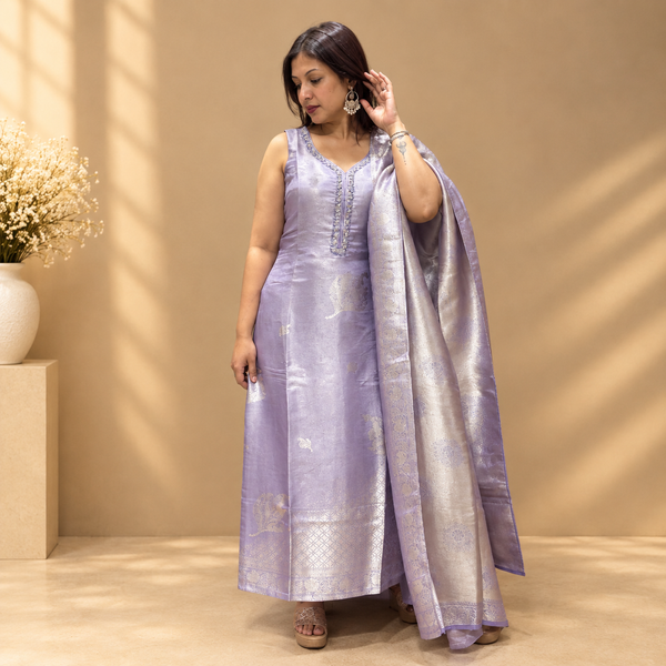 Banarasi Silk Light Lavender Ethnic Set