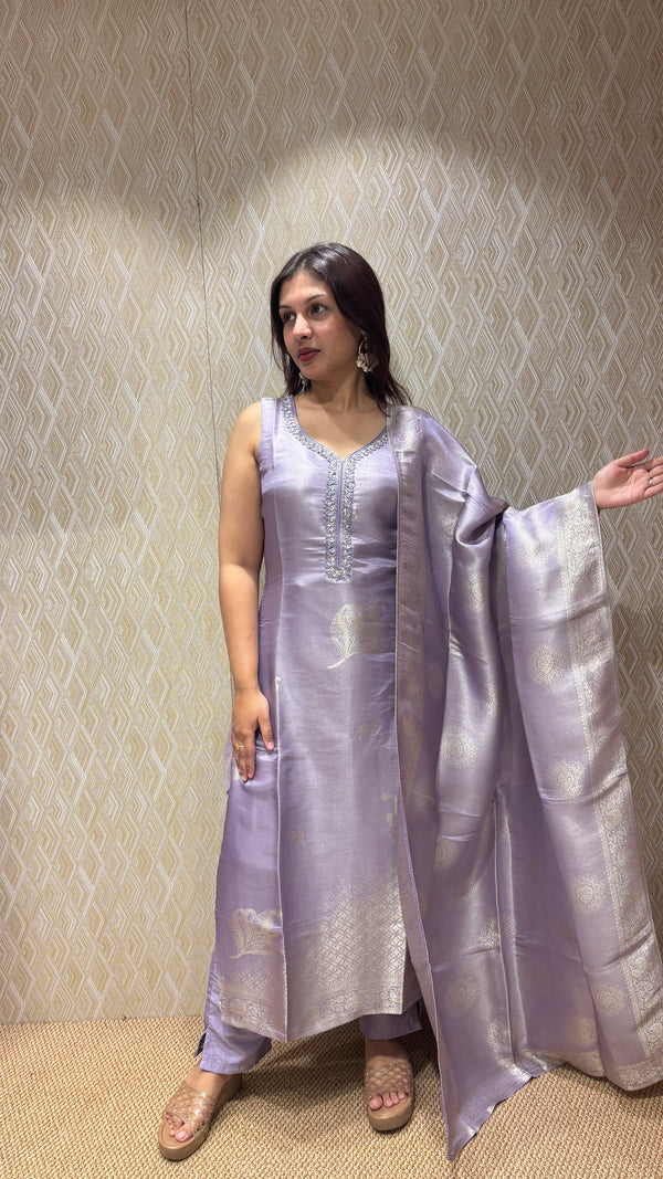 Banarasi Silk Light Lavender Ethnic Set